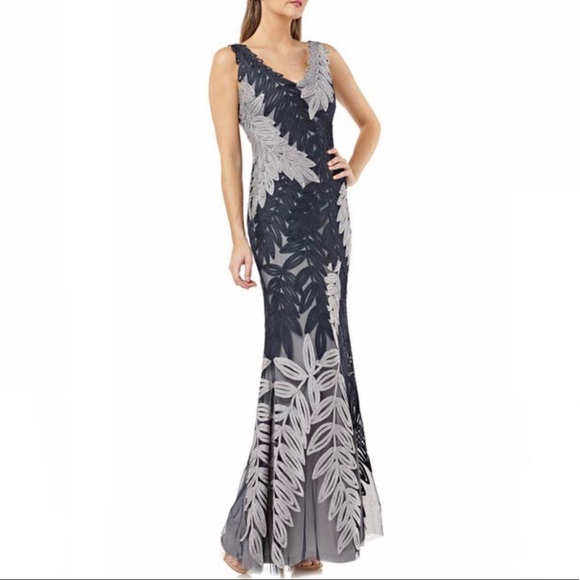 JS Collections Soutache Embroidered Leaf Gown in Navy/Cloud - Picture 1 of 16